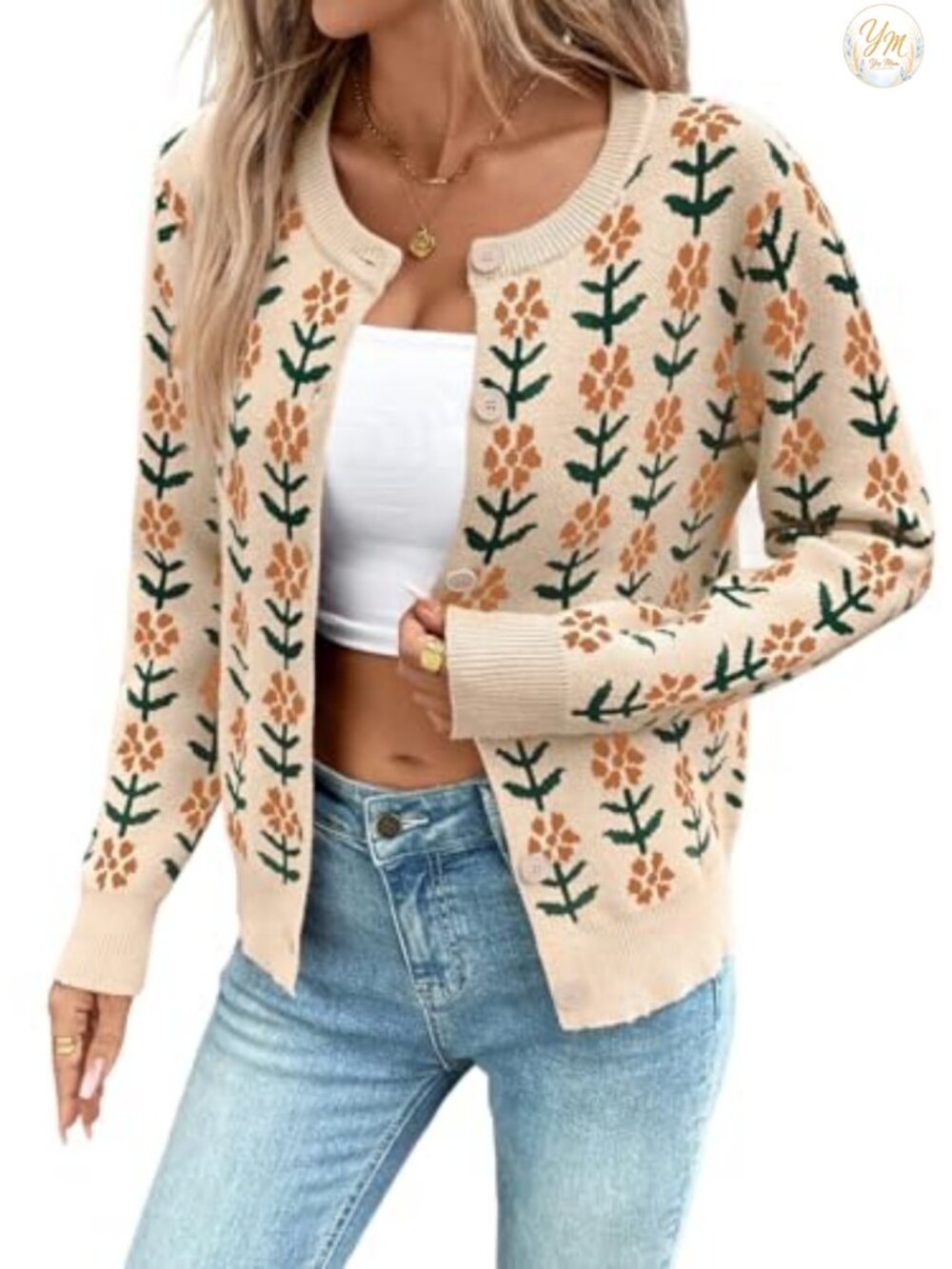 Womens Cropped Cardigan Button Down Knit Floral Sweater Long Sleeve